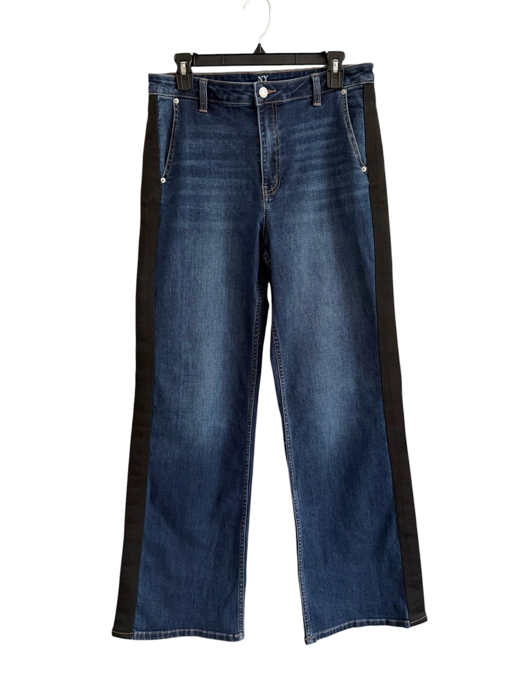 High Waist Wide Leg Jeans Black Tuxedo Side Stripe Medium Wash Denim Sz 14